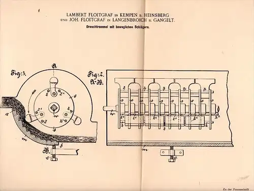 Original Patentschrift - L. Floitgraf in Kempen b. Heinsberg und Gangelt , 1897 , Dreschtrommel mit Schläger , Agrar !!!