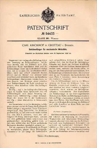 Original Patentschrift - C. Kirchhof in Grottau / Hrádek nad Nisou , 1896 , Apparat für Webstuhl , Weberei , Weber !!!