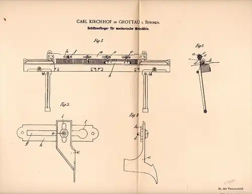 Original Patentschrift - C. Kirchhof in Grottau / Hrádek nad Nisou , 1896 , Apparat für Webstuhl , Weberei , Weber !!!