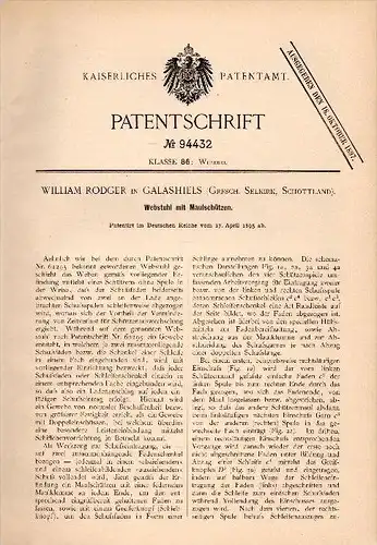 Original Patentschrift - William Rodger in Galashiels , Scotland , 1895 , Loom for weaving !!!