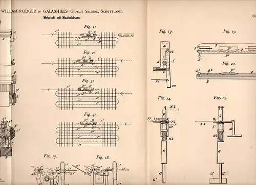 Original Patentschrift - William Rodger in Galashiels , Scotland , 1895 , Loom for weaving !!!