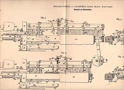 Original Patentschrift - William Rodger in Galashiels , Scotland , 1895 , Loom for weaving !!!