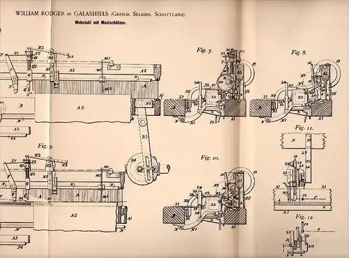 Original Patentschrift - William Rodger in Galashiels , Scotland , 1895 , Loom for weaving !!!