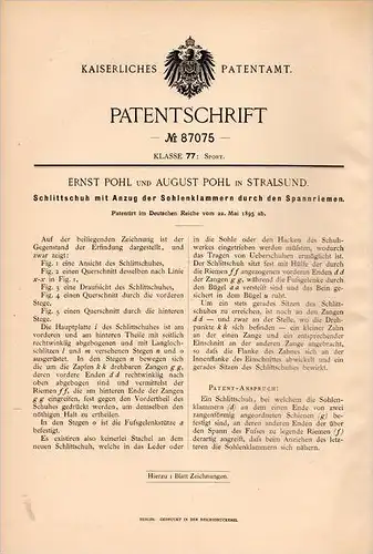 Original Patentschrift - August Pohl in Stralsund i. Mecklenburg ,1895, Schlittschuh mit Spanner , Eislauf , Wintersport