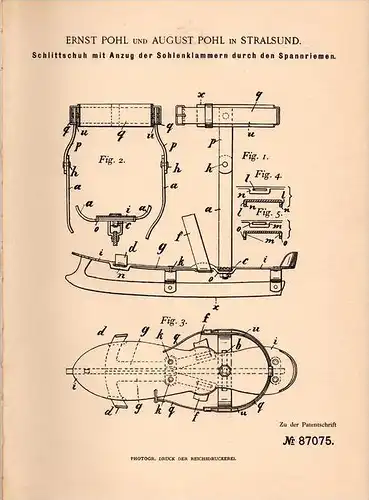 Original Patentschrift - August Pohl in Stralsund i. Mecklenburg ,1895, Schlittschuh mit Spanner , Eislauf , Wintersport