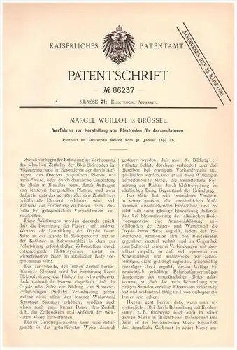 Original Patentschrift -  Marcel Wuillot in Brüssel , 1894 , Elektroden für Accumulator , Batterie , Blei , Bruxelles !!
