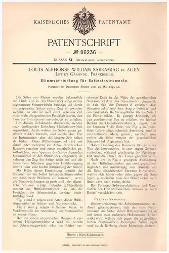 Original Patentschrift - L. Sarramiac dans Agen , Lot et Garonne , 1895 , Instrument à cordes, violon, musique !!!