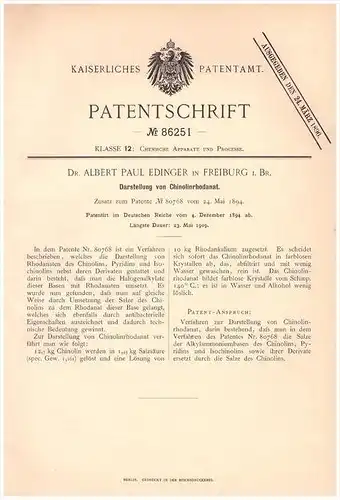 Original Patentschrift - Dr. Albert Paul Edinger in Freiburg i. Br.,1894, Chinolinrhodanat - Darstellung, Chemie , Labor