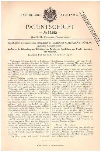 Original Patentschrift - Joachim Freiherr von Brenner in Schloss Gainfarn b. Vöslau , 1895, Weichharz für Farbe , Maler