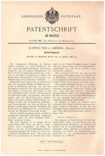 Original Patentschrift - Ludwig Feil in Amberg i. Bayern , 1895 , Karburator , Vergaser , Beleuchtung , Licht !!!