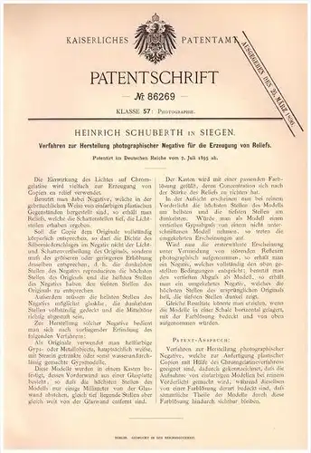 Original Patentschrift - Heinrich Schuberth in Siegen , 1895 , photographische Negative , Photographie , Photograph !!!