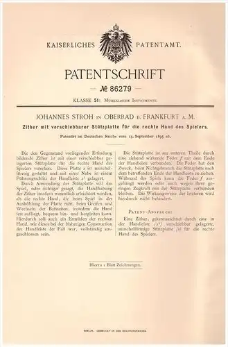 Original Patentschrift - Johannes Stroh in Oberrad b. Frankfurt a. M.,1895, Zither , Musikinstrument , Musik , Orchester