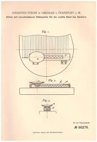 Original Patentschrift - Johannes Stroh in Oberrad b. Frankfurt a. M.,1895, Zither , Musikinstrument , Musik , Orchester