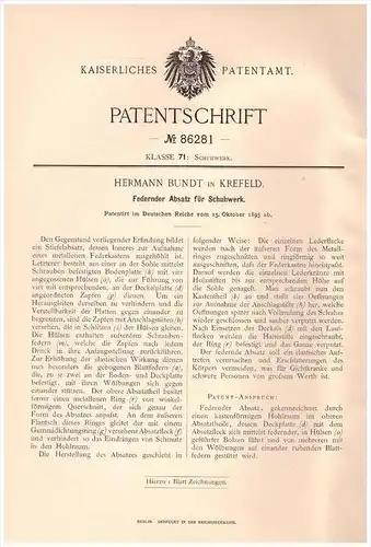 Original Patentschrift -  Hermann Bundt in Krefeld , 1895 , Absatz für Schuhwerk , Schumacher , Schuster , Schuhe !!!