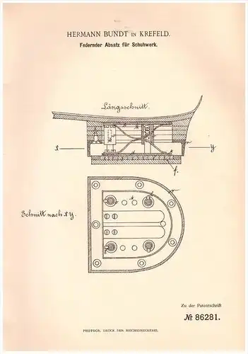 Original Patentschrift -  Hermann Bundt in Krefeld , 1895 , Absatz für Schuhwerk , Schumacher , Schuster , Schuhe !!!
