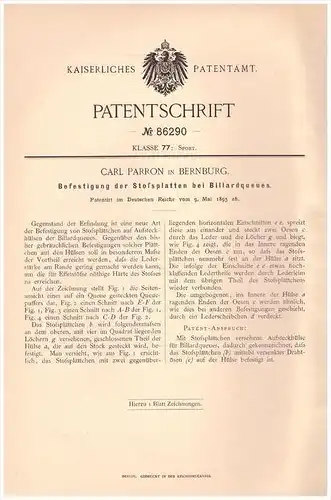 Original Patentschrift - Carl Parron in Bernburg , 1895 , Billard - Queue , Billardspiel !!!