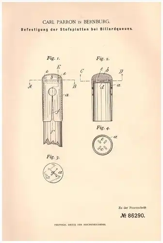 Original Patentschrift - Carl Parron in Bernburg , 1895 , Billard - Queue , Billardspiel !!!