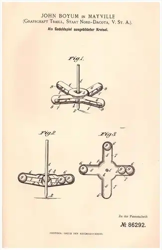 Original Patentschrift - J. Boyum in Mayville , Traill , 1895, Roundabout as a game, Brummkreisel , Kreisel !!!
