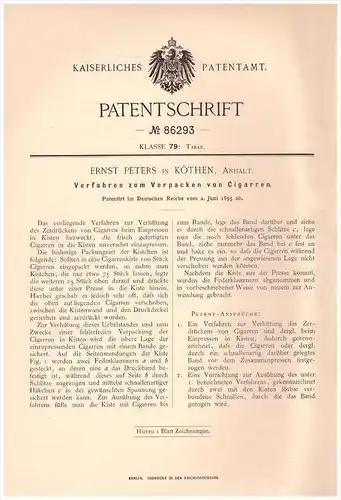 Original Patentschrift -  Ernst Peters in Köthen , Anhalt , 1895, Cigarren , Verpackun , Zigarrenkiste , Cigarre , Tabak