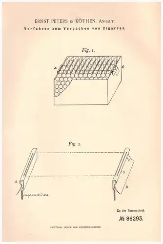 Original Patentschrift -  Ernst Peters in Köthen , Anhalt , 1895, Cigarren , Verpackun , Zigarrenkiste , Cigarre , Tabak