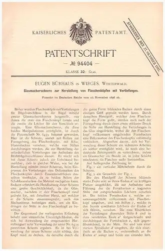 Original Patentschrift - Eugen Bürhaus in Wirges i. Westerwald , 1896 , Glasmacher - Scheere , Flaschen , Glas !!!