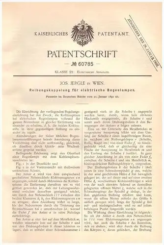 Original Patentschrift - Jos. Jergle in Wien , 1891 , Kupplung für elektrische Bogenlampen , Elektrik !!!