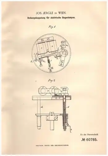Original Patentschrift - Jos. Jergle in Wien , 1891 , Kupplung für elektrische Bogenlampen , Elektrik !!!