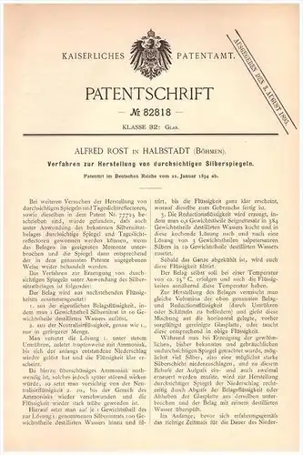 Original Patentschrift - Alfred Rost in Halbstadt / Mezim&#283;stí , Böhmen 1894,Silberspiegel - Herstellung , Glas , Sp