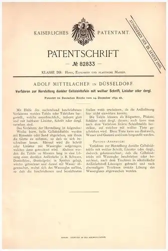 Original Patentschrift - Adolf Mittelacher in Düsseldorf , 1894 , Celluloid - Tafel mit weißer Schrift , Tafel , Schule