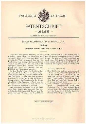 Original Patentschrift - L. Kronenberger in Hanau a.M. , 1895 , Halsbinde , Schlips , Krawatte ,  Bekleidung !!!