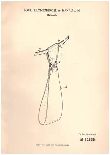 Original Patentschrift - L. Kronenberger in Hanau a.M. , 1895 , Halsbinde , Schlips , Krawatte ,  Bekleidung !!!