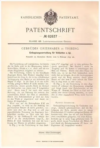 Original Patentschrift - G. Grieshaber in Triberg im Schwarzw. ,1895, Entkuppelung für Vieh , Tierzucht , Landwirtschaft