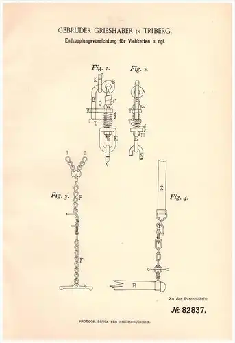 Original Patentschrift - G. Grieshaber in Triberg im Schwarzw. ,1895, Entkuppelung für Vieh , Tierzucht , Landwirtschaft