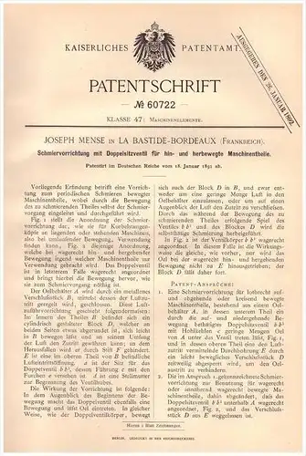 Original Patentschrift - Joseph Mense dans La Bastide - Bordeaux , 1891 , Graisseur pour les machines !!!