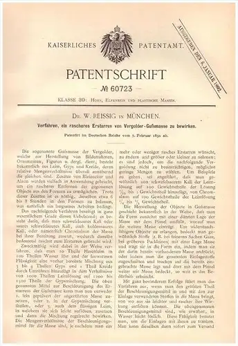 Original Patentschrift - Dr. W. Reissig in München , 1891 , Vergolder - Gußmasse , Gold , Schmuck , Juwelier !!!