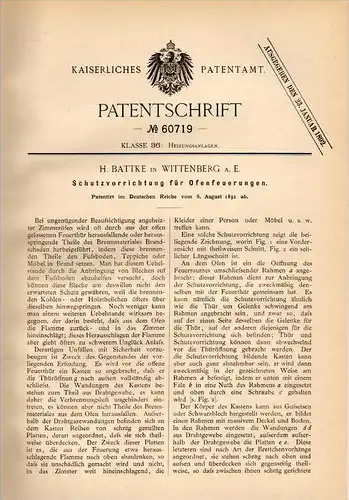Original Patentschrift - H. Battke in Wittenberg a.E. , 1891 , Schutz für Feuerung , Ofen , Heizung , Heizungsbau !!!