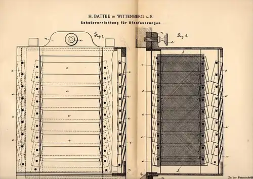 Original Patentschrift - H. Battke in Wittenberg a.E. , 1891 , Schutz für Feuerung , Ofen , Heizung , Heizungsbau !!!