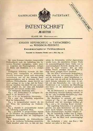 Original Patentschrift - J. Repenschegg in Tainachberg b. Windisch - Feistritz , 1891, Feldkochherd , Slovenska Bistrica