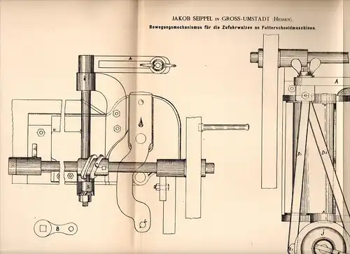 Original Patentschrift - Jakob Seippel in Groß-Umstadt , Hessen , 1885, Futterschneidmaschine , Landwirtschaft , Umstadt