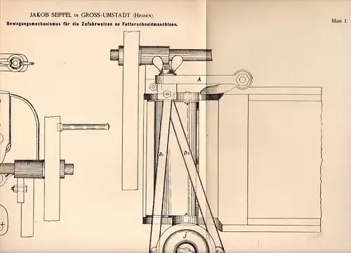 Original Patentschrift - Jakob Seippel in Groß-Umstadt , Hessen , 1885, Futterschneidmaschine , Landwirtschaft , Umstadt