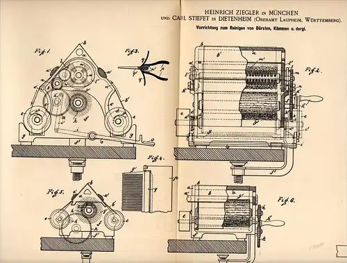 Original Patentschrift - C. Stiefet in Dietenheim , Oberamt Laupheim , 1891 , Apparat für Bürsten und Kämme , Ziegler !