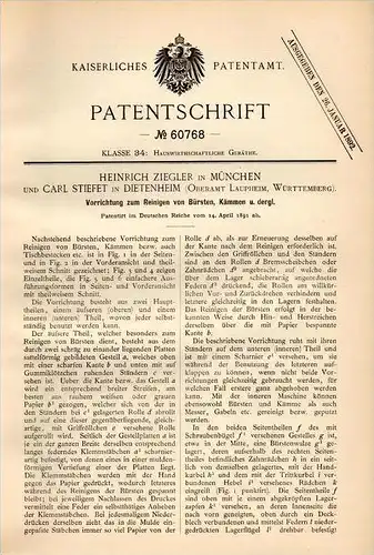 Original Patentschrift - C. Stiefet in Dietenheim , Oberamt Laupheim , 1891 , Apparat für Bürsten und Kämme , Ziegler !