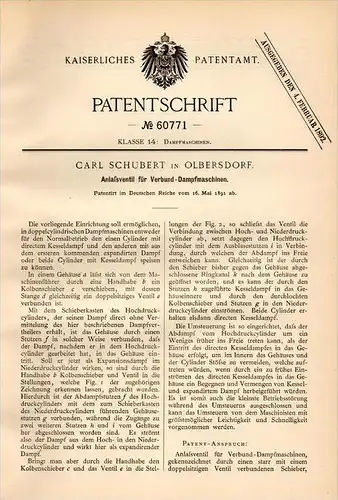 Original Patentschrift - Carl Schubert in Olbersdorf , 1891 , Anlaßventil für Dampfmaschine , Görlitz !!!