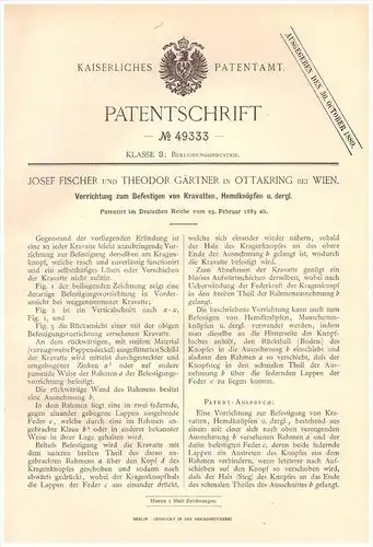 Original Patentschrift - Theodor Gärtner in Ottakring b. Wien , 1889 , Krawatten - Befestigung , Krawatte , Schlips !!!
