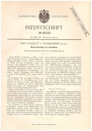 Original Patentschrift - Fritz Pasquay dans Wasselnheim / Wasselonne , Alsace , 1889 , Protection thermique !!!