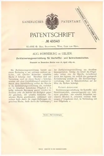 Original Patentschrift - Aug. Ronneburg in Uelzen , 1889 , Apparat für Kartoffelmaische , Bier , Alkohol , Brauerei !!!