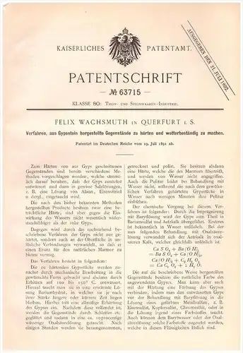 Original Patentschrift - Felix Wachsmuth in Querfurt i.S., 1891 , wetterfester Gipsstein , Gips . Marmor , Bau !!!