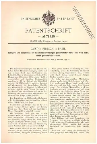 Original Patentschrift - Gustav Pertsch in Basel , 1893 , Edelmetall - Verbindungen , Harz , Oel , Chemie , Gold !!!