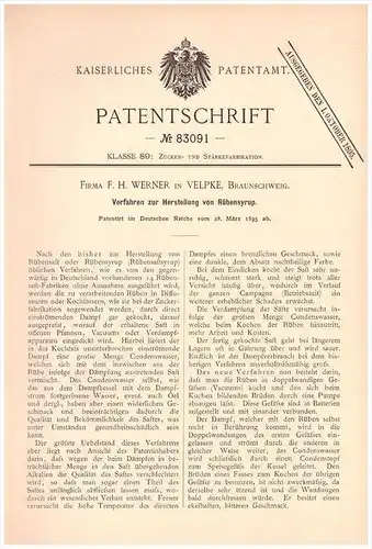 Original Patentschrift -  F.H. Werner in Velpke ,1895, Rübensirup - Herstellung , Rübensaft , Landwirtschaft , Helmstedt