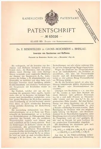 Original Patentschrift - Dr. E. Besemfelder in Gross Mochbern b. Breslau , 1893 , Inversion von Saccharose , Chemie !!!